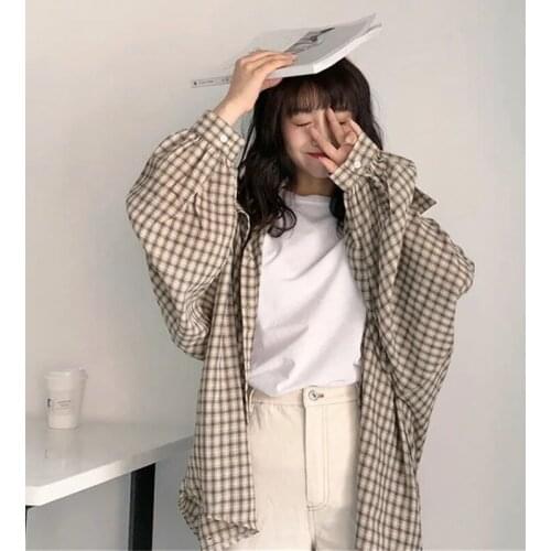 Lantern Sleeve Plaid Shirt Women Checked Vintage Blouse with Lush Sleeves Korean 2021 Fashion Cotton Harajuku Tops Kawaii Casual