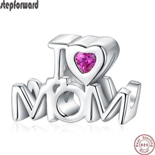 STEP FORWARD 100% 925 Sterling Silver I Love Mom Charm Mothers Day Gift Charms Fit Bracelet & Necklaces Birthday Jewelry Gifts