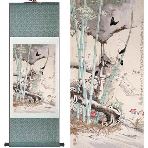 Traditional Birds and flower Painting Spring Ink wash painting silk scroll birds and bamboo paintingPrinted painting