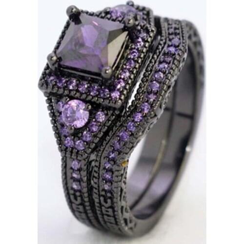 Unique Fashion Jewelry Princess Cut Purple Zircon stone Black Filled Wedding Ring Set Anniversary