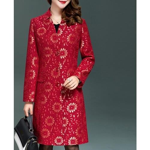 Spring 2019 New Arrival Women Red Blue Dobby Flower Trench Coat , Overcoat for Woman , Womens Elegant Slim Cardigan Long Coats