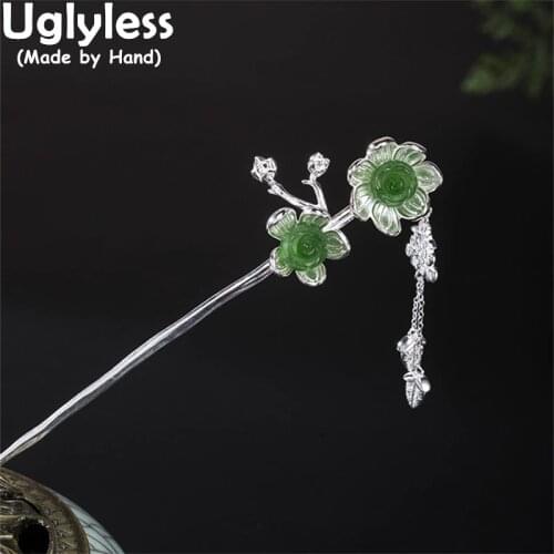 Uglyless Oriental Aesthetics Elegant Lady Jasper Flowers Hair Sticks with Tassels 925 Sterling Silver Floral Hairwear for Women