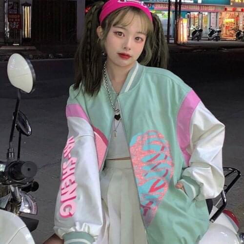 Women Love Skeleton Embroidery Baseball Jackets Drop Shoulder Sleeves Zipper PU Coats Korean Style Streetwear Baseball Uniform