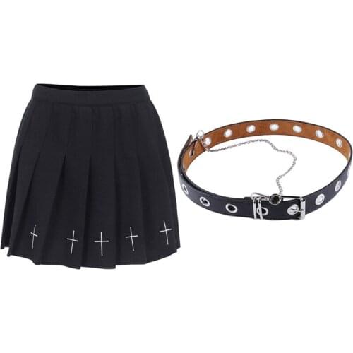 Women Punk Cross Embroidery Black Mini Pleated Skater Skirt Ruffle High Waist A-Line Dark Gothic Harajuku Streetwear