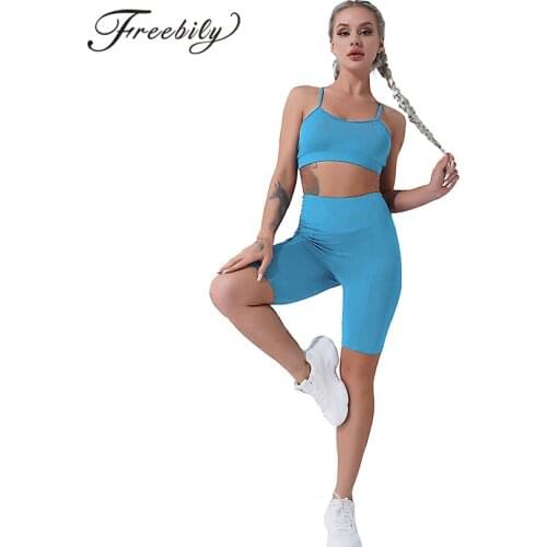 Women Summer Yoga Sets 2Pcs Sport Suits Gym Fitness Workout Spaghetti Straps Open Back Sport Bra Top Running Shorts Set Clothing