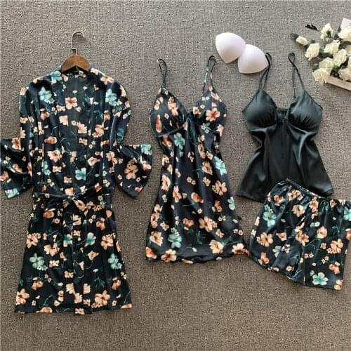 2020 Women Pajamas Sets Sexy Robe Sleepwear Silk 4 Pieces Nightwear Spaghetti Strap Lace Sleep Lounge Set Pijama With Chest Pads