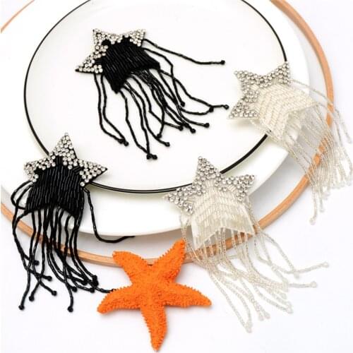 1PCS White Black Tassel Star Rhinestones Bead Brooch Patches Applique Sew on Patch Fashion Clothing Decoration Patch