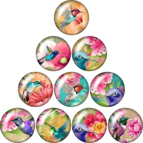 Beauty Flower Hummingbirds Flying Birds 10pcs 12mm/16mm/18mm/25mm Round photo glass cabochon demo flat back Making findings