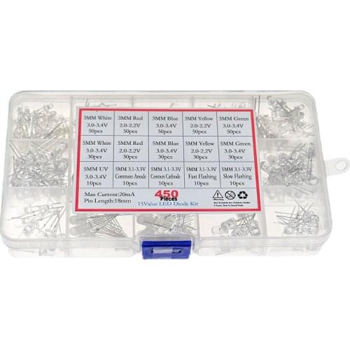 450PCS 3MM 5MM white red blue yellow UV fast slow flash RGB LED light emitting diode boxed