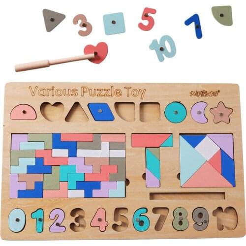 5 in 1 Wooden Puzzle Toys Tangram Shape Magnetic Fishing Game Maths Toy Early Education Montessori Toy for Intelligence Develop