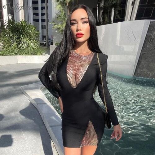 Ailigou 2021 New Ladies Dress Sparkling Crystal Cutout Fishnet Design Long Sleeve Celebrity Club Bandage Black Sexy Mini Dress