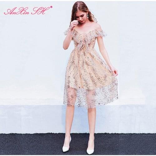AnXin SH princess gold star lace short evening dress vintage illusion spaghetti strap sequins sparkly lace evening dress 1769