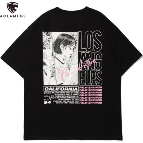 Aolamegs T-shirt Men Japanese Manga Smoking Girl Letter Print Casual Tee Tops Summer Baggy All-match Fashion Harajuku Streetwear