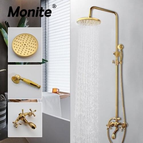 Monite Golden Plated Brass Shower Faucet Shower Head Aerator Nozzle High Pressure Solid Brass 2 Handles Mixer Control Shower Set