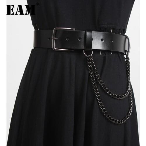 [EAM] Retro Metal Chain Pu Leather Black Long Belt Personality Women New Fashion Tide All-match Spring Autumn 2021 1DD4847