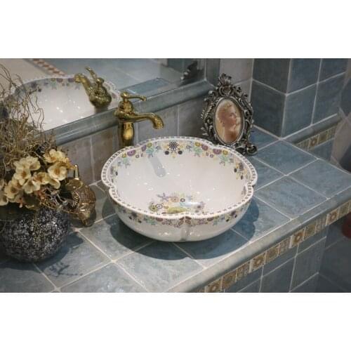 Flower Shape Europe style chinese Jingdezhen Art Counter Top ceramic bathroom vessel sink