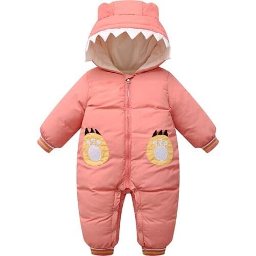 Plus Velvet Warm Baby Girl Snowsuit Toddler Baby Boys Overalls Pink 2020 Winter Baby Rompers Cartoon Dinosaur Newborn Jumpsuit