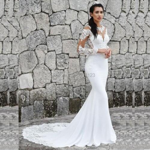 Lace Mermaid Wedding Dresses O Neck Long Sleeves Wedding Bridal Gowns Illusion Button Vestido De Noiva Court Train