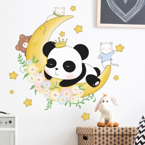 Cartoon Moon Panda Wall Stickers for Kids Room Bedroom Decor Nursery Art Wall Decals Aesthetic Room Decoration Wallpaper