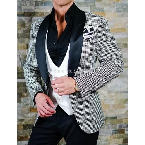 Newest Groomsmen Houndstooth and Black Groom Tuxedos Shawl Lapel Men Suits Wedding Best Man ( Jacket+Pants+Tie+Vest ) C670