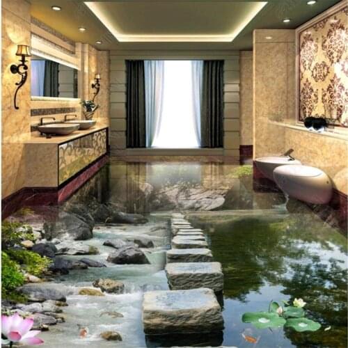 Beibehang Wallpaper custom mural wallpaper Creek stone bridge lotus water 3D thick wear-resisting floor tiles floor painting
