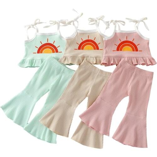 Toddler Little Girls Outfit Sweet Style Sun Printing Flouncing Sleeveless Suspender Tops Solid Pants Set 0-4Years