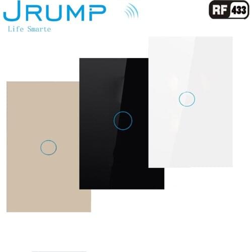 JRUMP US Standard Remote Control Touch Switch Wall Switch RF433 Wireless Interruptor Switch AC100-220V 1Gang Tempered Glass