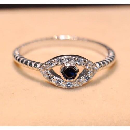 Size 5-9 Vintage Fashion jewelry Real 100% 925 Sterling Silver Pave 5A Blue&White CZ Zirconia Office Fish Eye Women Wedding Ring