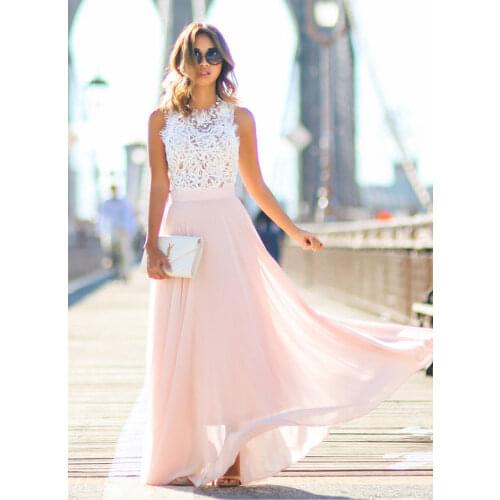 Hot Sell Women Sexy Vestidos Party Dresses Nude Pink Beach Summer Boho Maxi Long Hollow Out Patchwork Sundress plus size