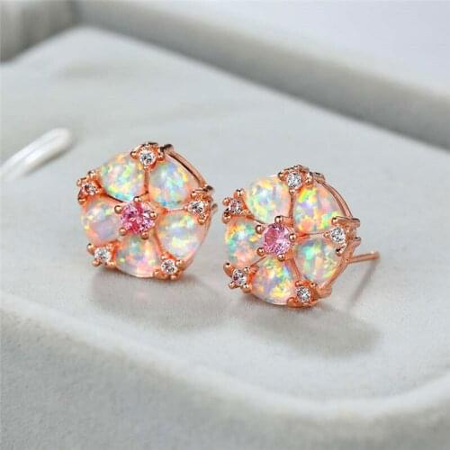 Luxury Female White Opal Stone Earrings Charm Rose Gold Color Stud Earrings For Women Cute Pink Crystal Flower Wedding Earrings
