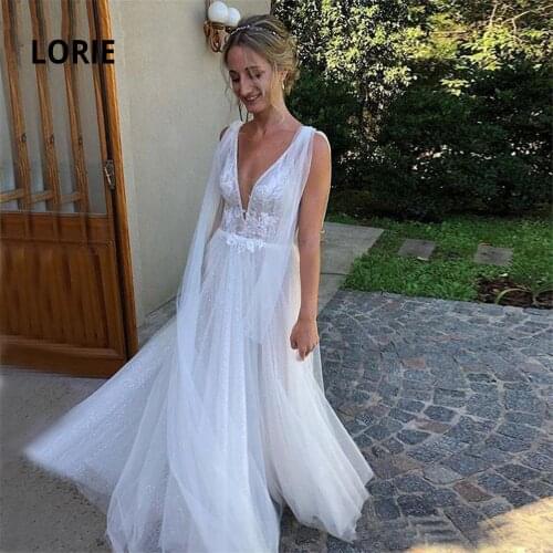 LORIE Cap Sleeve Beach Wedding Dresses 2020 New Design shiny Tulle with Lace Appliqued Boho Bridal Gowns Backless mariage A-line