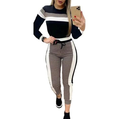 Spring Women Plaid Patchwork Suits Casual Long Sleeve Tops with Drawstring Pant Sets Women Korean Style Skinny 2 Pieces Sets