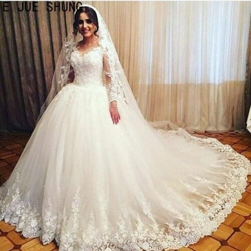 E JUE SHUNG Vintage Arabic Ball Gown Wedding Dresses Long Sleeve Scoop Neck Lace Appliques Bridal Bride Dresses Vestido De Noiva
