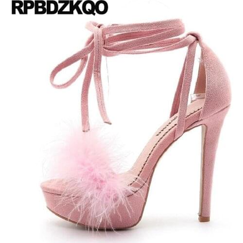 High Heels Sexy Ladies Strap Up Sandals Fluffy Pink Stiletto Tie Fetish Platform Shoes Fur Extreme 11 Large Size Pumps Women