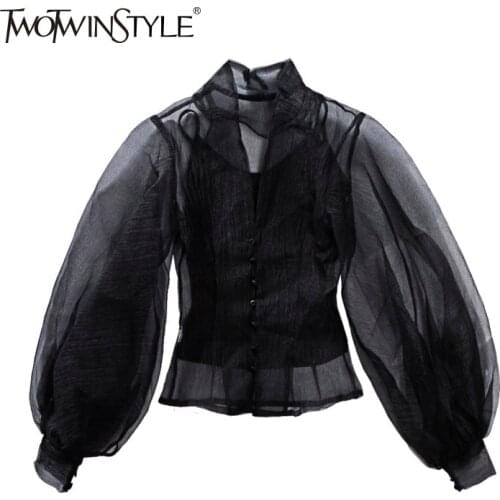 TWOTWINSTYLE Hollow Out Shirt Female Stand Collar Lantern Sleeve Tunic High Waist Shirts 2020 Spring Fashion Large Size Clothing