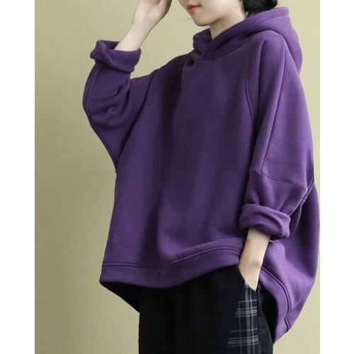Autumn New Arts Style Women Long Sleeve Loose Pullovers All-matched Casual Cotton Solid Hooded Hoodies Big Size Femme Tops V48