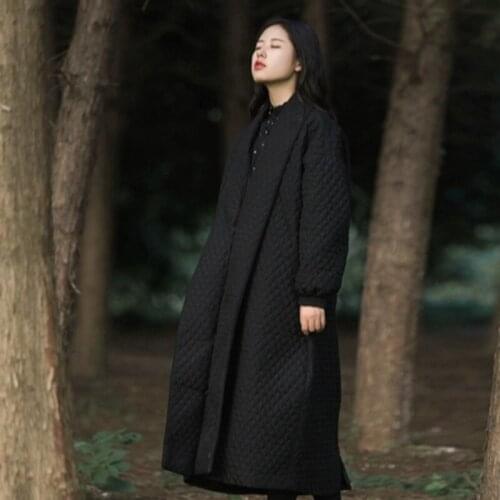Women Cotton Coat New Black Overcoat Puff Sleeve Loose Long Parkas Plus Size Vintage Warm Autumn Winter 2021 Jacket Femme Veste