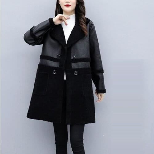 Large size womens winter sheepskin coat new turn-down collar pocket lambskin leather long coat plus size 5xl Womens fur coat