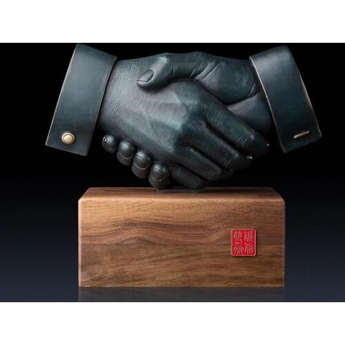 11 inches Chinese Art Deco Brass painted join hands consociation handshake sculpture Decoration Home Furnishings Gift Statue
