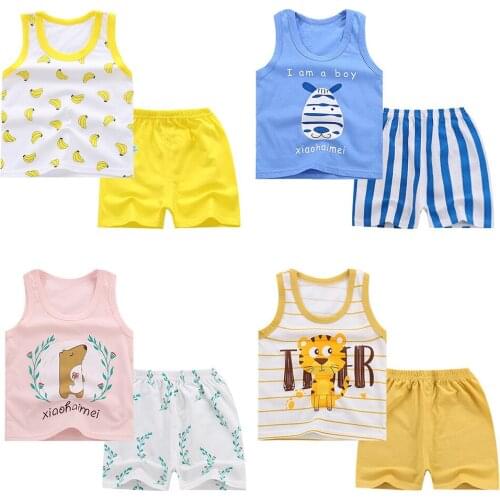 2021Summer Cute Cartoon 2PCS Kids Baby Boys Girls Cartoon Vest Top Shorts Pants Set Clothes Children Pajamas Girls Clothing Sets