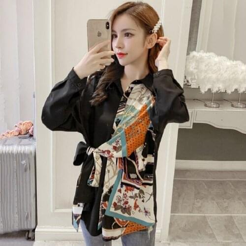 2021 Summer Vintage Full Sleeve Women Tunic Shirt Blouse Chic Patchwork Button Chiffon Ladies Long Shirts Bandage Female Tops