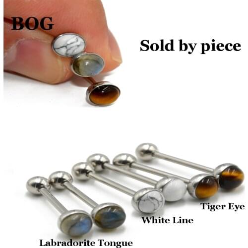 316l Surgical Steel Labradorite Tiger Eye White Line Stone Tongue Barbell Ring Body Piercing Jewelry 14G