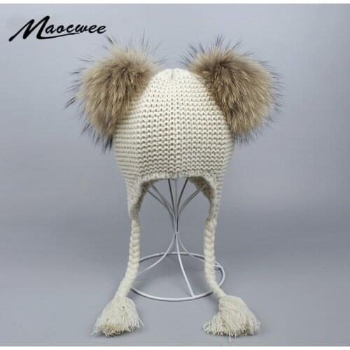 Children Winter Hats for Girls and Boy Cotton Thick Warm Knitted Ears Beanie Real Raccoon Fox Fur Two Pompom Ski Cap Skullies