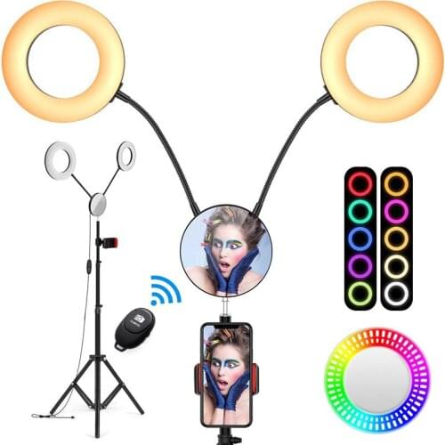 Double 16cm LED Selfie RGB Ring Light With 1.6m Tripod USB Colorful Photography Light With Make up Glass For Youtube VK Lamp