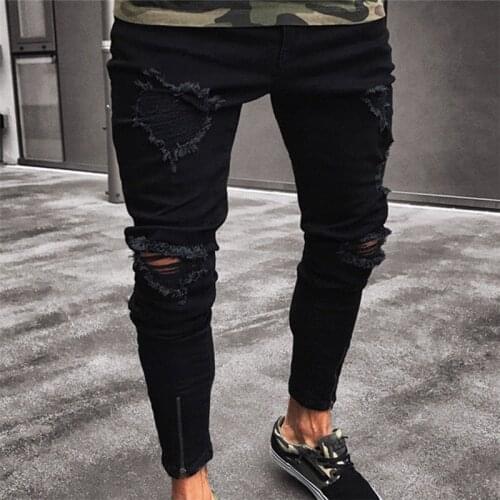 Hip Hop Black Hole Jeans Men Denim Pants Cargo Streetwear Trousers Tight Pencil Pants Fashion Zipper 167