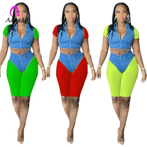 Fake Denim Print Women 2 Piece Set Fitness Crop Top + High Waist Skinny Biker Shorts Matching Jogger Set Neon Color Tracksuits