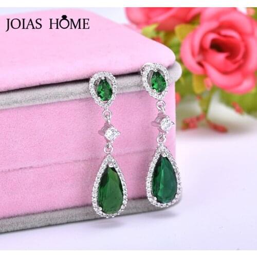 JoiasHome Water Drop Shaped Earrings or Women Green Zircon Long Drop-earrings Female Silver 925 Jewelry Party Gift Wholesale