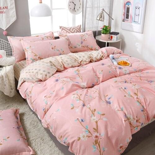 Pink Floral Printed Soft Bedding Sets Home Bedroom Textile 3-4pcs High Quality Cute Leaf Pattern Duvet Cover Bed Sheets Linen