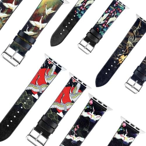 Crane Pattern Leather Strap for Apple Watch SE Band Series 6 5 4 3 2 Bracelet for iWatch 42mm 38mm 44mm 40mm Wrist Belt