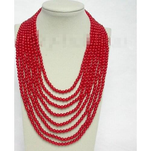 FREE shipping> >>>natural 8row 17"-25" round red coral beads necklace 925s clasp j8562